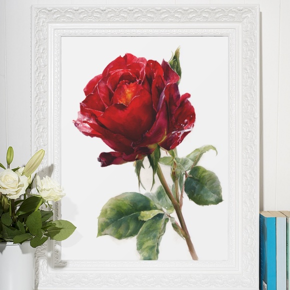 Watercolor Single Red Rose Wall Art Print, Unframed - Timeless Floral Elegance - Picture 6 of 6